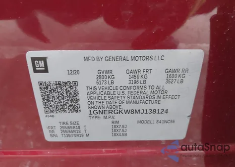 2021 Chevrolet Traverse Fwd Lt Cloth from USA, damaged, VIN 1GNERGKW8MJ138124